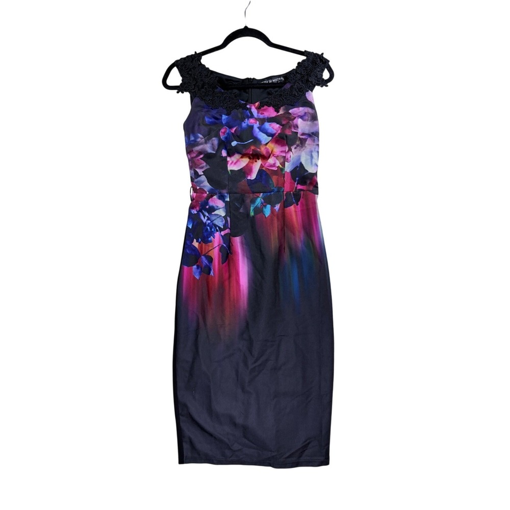 Little Mistress Floral Sheath Dress Women Size 4 Black Lace Trim Cocktail Party